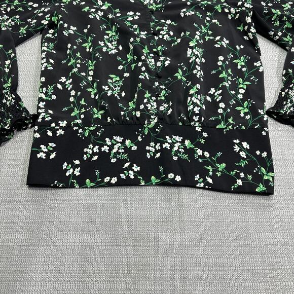 Karl Lagerfeld Top Womens Small Black Ditsy Floral Smocked Shirt Faux Button Up - Picture 4 of 11